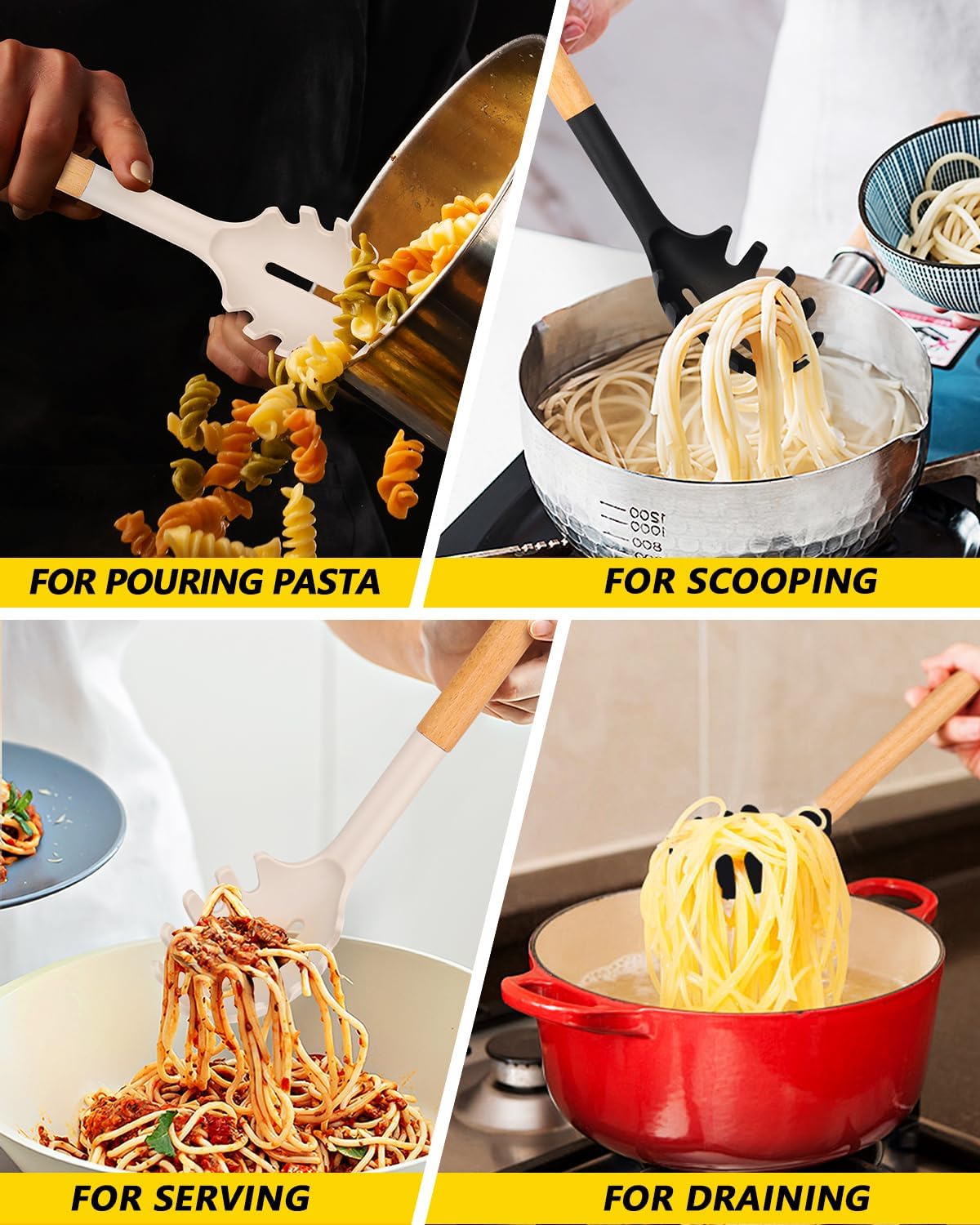 Pack of 2 Spaghetti Spoon, Silicone Pasta Fork with Wooden Handle, Heat Resistant Noodle Spoon Server, BPA Free Spaghetti Strainer(BLACK-KHAKI) - Culinary Roots