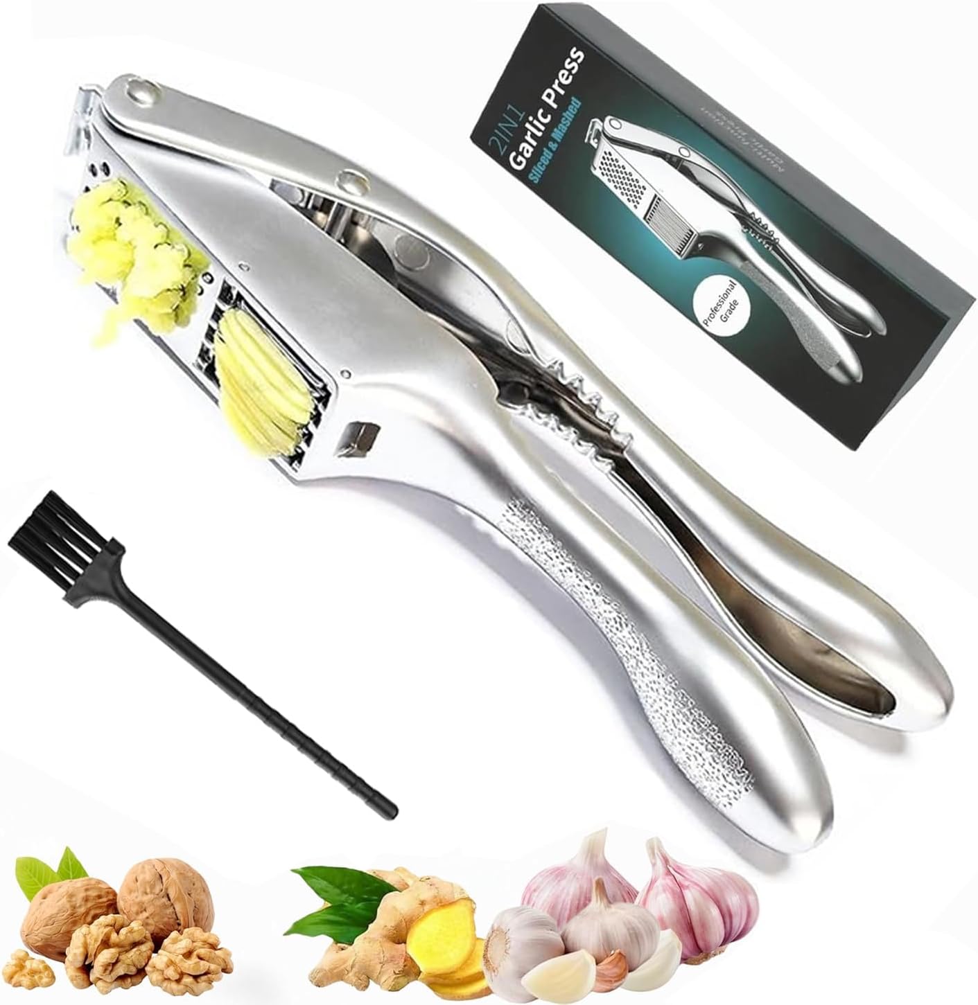 Garlic Press and Slicer 2 in 1, Rust Proof & Dishwasher Safe Professional Garlic Mincer Tool, Effortlessly Crush and Mince Garlic with this Ergonomic Handle-Garlic Peeler & Brush ANCQMI(Pear white) - Culinary Roots