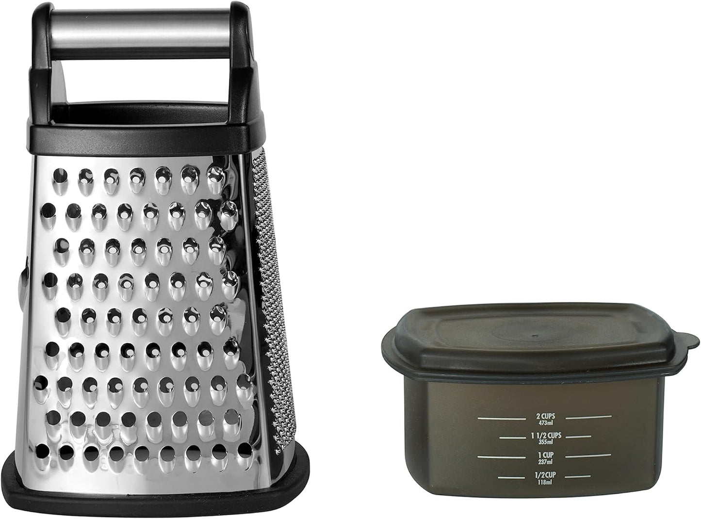 KitchenAid Gourmet 4-Sided Stainless Steel Box Grater for Fine, Medium and Coarse Grate, and Slicing, Detachable 3 Cup Storage Container and Measurment Markings, Dishwasher Safe, 10 inches tall, Black - Culinary Roots