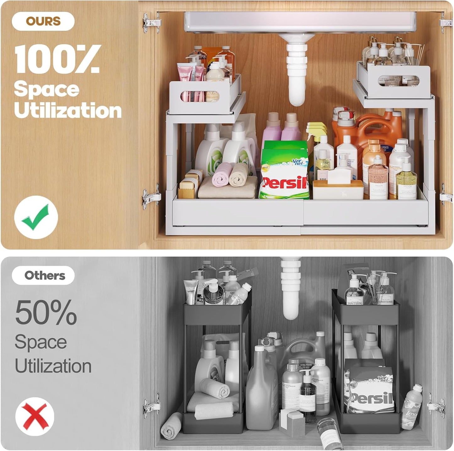 1 Pack Expandable Under Sink Organizers Storage With Upgrade Ball-Bearing Slide Tracks,2-Tier Pull Out Under Cabinet Organizer Height Adjustable,Not Suitable For Cabinets With Partitions In The Middle