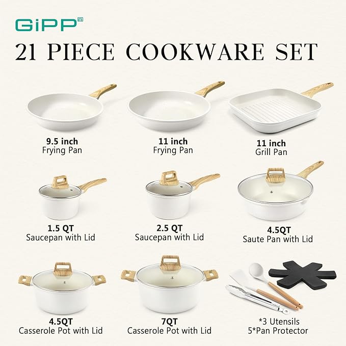GiPP 21Psc Pots and Pans Set Non Stick White Granite Kitchen Cookware Sets Nonstick Induction Cookware Non-toxic Cooking Pan Set with Silicone Utensils, PFOS and PFOA Free