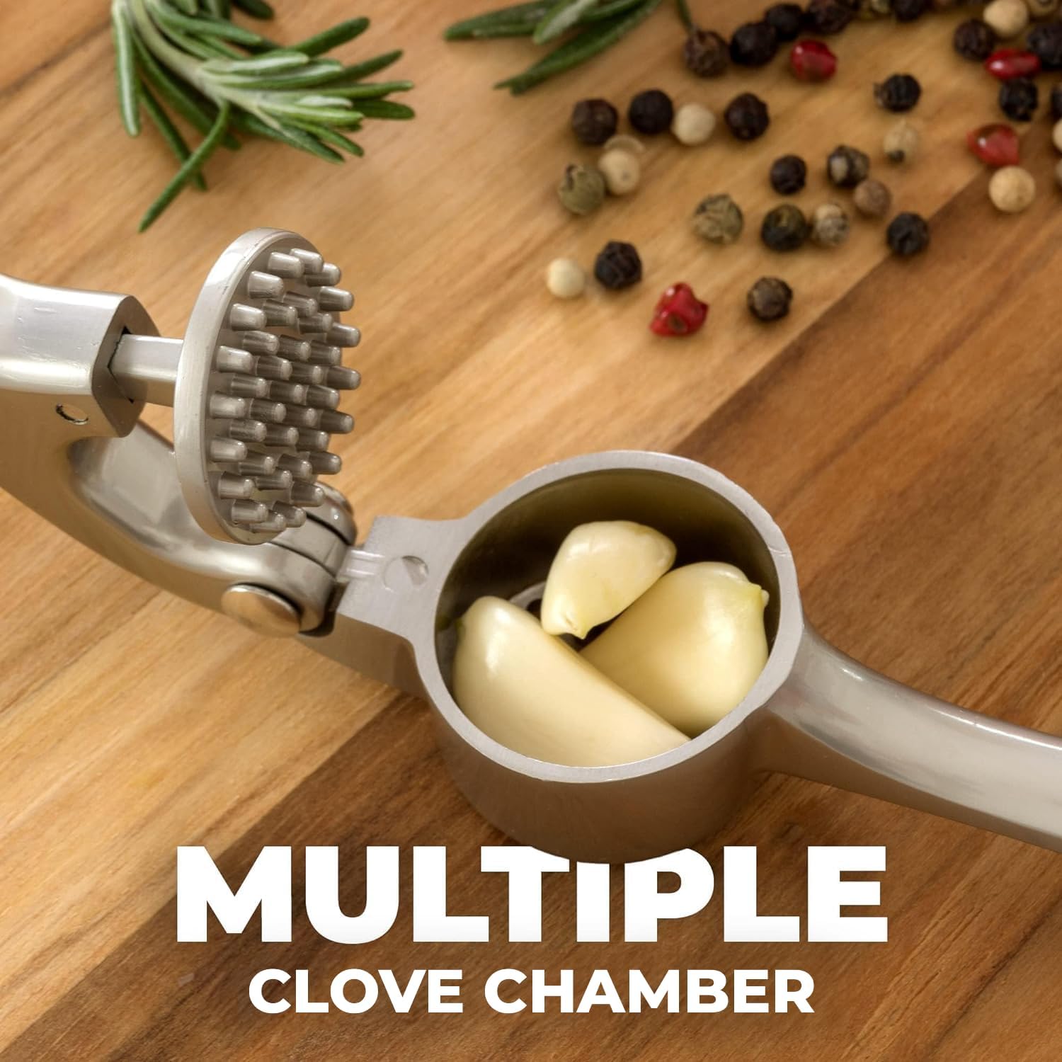 Zulay Kitchen Premium Garlic Press Set - Rust Proof & Dishwasher Safe Professional Garlic Mincer Tool - Easy-Squeeze, Easy-Clean with Soft, Ergonomic Handle - Silicone Garlic Peeler & Brush (Silver) - Culinary Roots