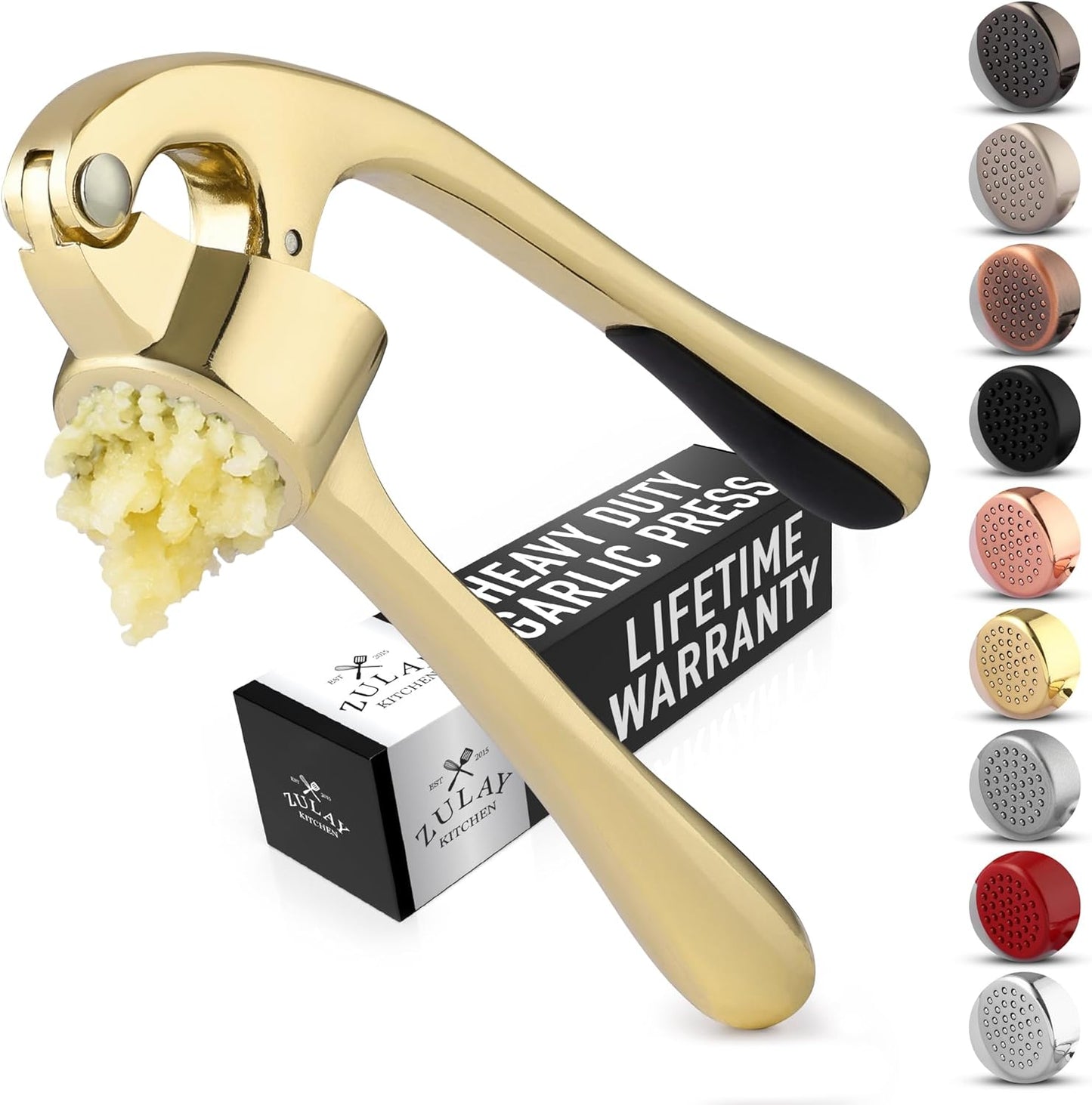 Zulay Kitchen Premium Garlic Press with Soft, Easy to Squeeze Handle - Includes Silicone Garlic Peeler & Cleaning Brush - 3 Piece Garlic Mincer Tool - Sturdy Easy to Clean Garlic Crusher (Gold) - Culinary Roots