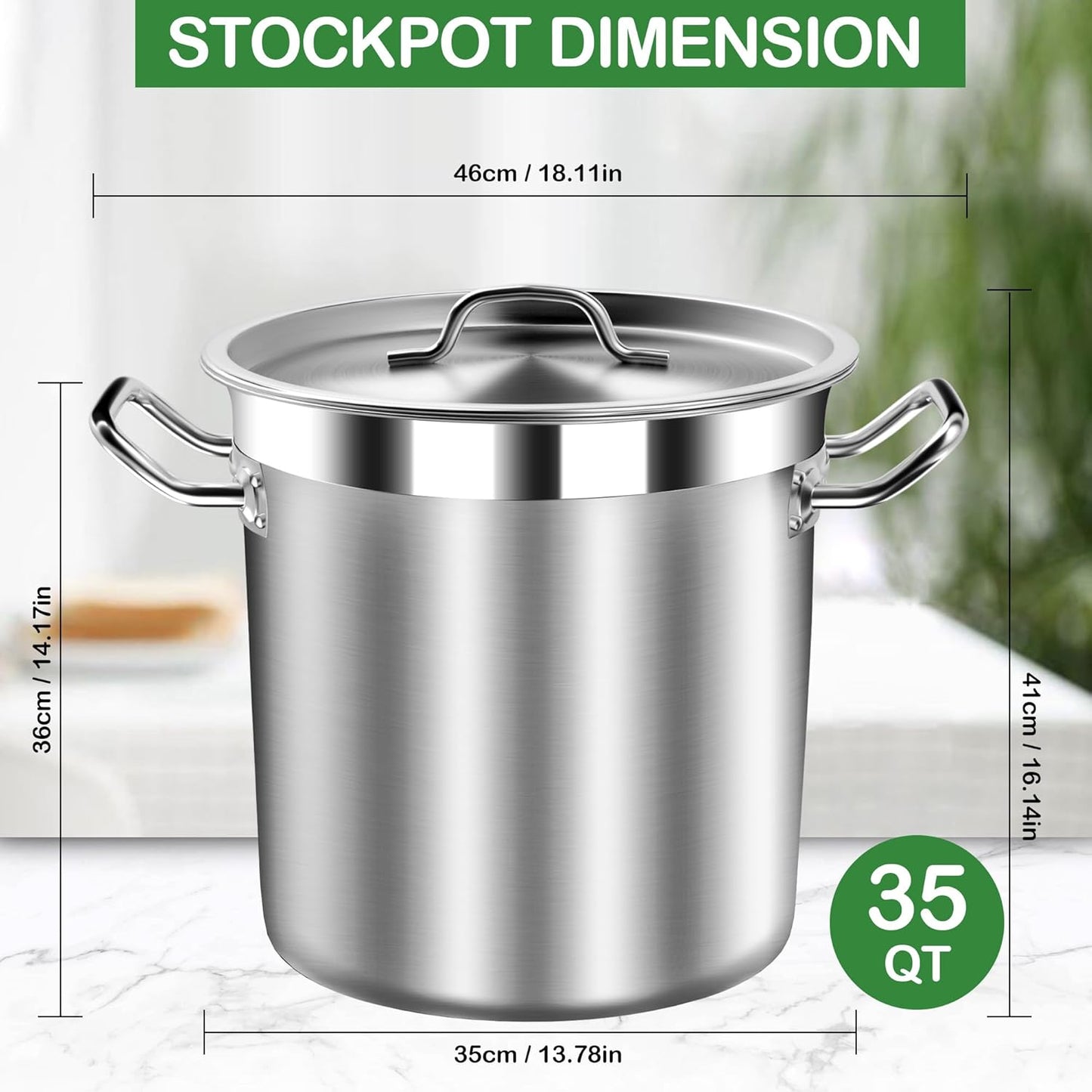 Commercial Grade Large Stock Pot - Soup Pot with Lid - Non-Nickel Stainless Steel - Healthy Cookware Polished Stockpots - Heavy Duty - 35 Quart (8.8Gallon) - Culinary Roots