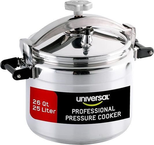 Universal (Large) 26-Quart Aluminum Pressure Cooker for Professional Use – Commercial-Grade, 1 Safety Valve, Reinforced Handles, Easy-Open Lid, – Ideal for Large Kitchens, and Restaurants