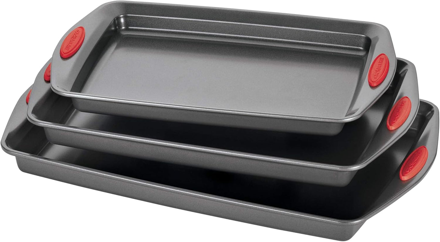 Rachael Ray Bakeware Nonstick Cookie Pan Set, 3-Piece, Gray with Red Grips - Culinary Roots