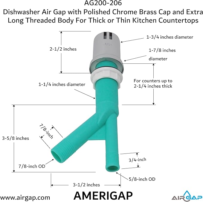 Dishwasher Air Gap with Skirted Polished Chrome Brass Cap and Extra Long Threaded Body for Thick or Thin Kitchen Countertops (AG200-206, AG200-X06, AMERIGAP)