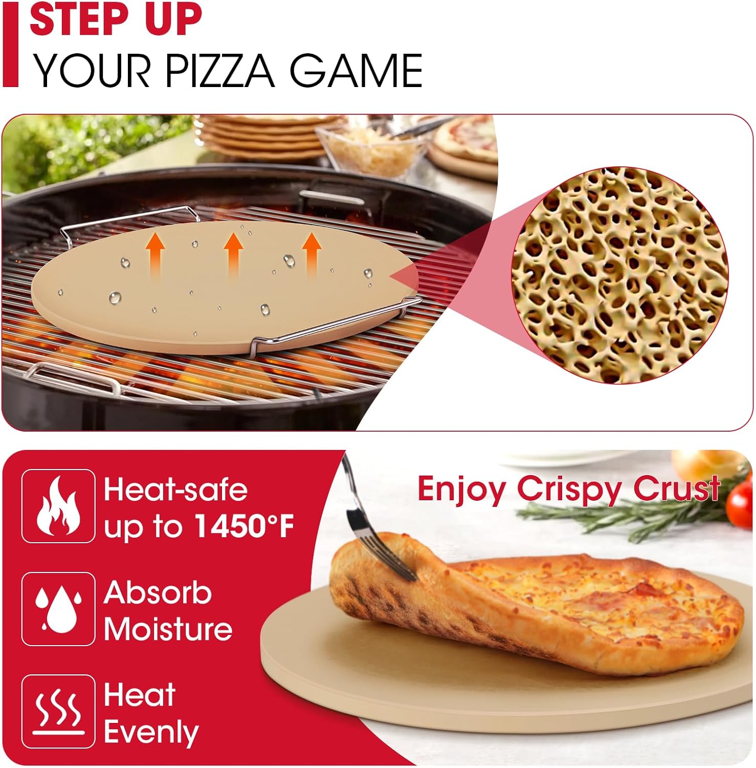 Unicook 12 Inch Round Pizza Stone for Oven and Grill, Cordierite Bread Baking Stone, Baking Crispy Pizzas, Bread and Cookies, Includes Carry Rack and Dough Scraper - Culinary Roots