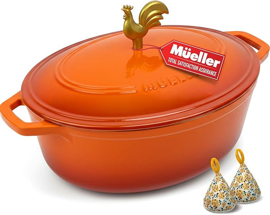 MUELLER HOME 5.5 Quart Enameled Cast Iron Oval Dutch Oven w Rooster Knob & Cotton Potholders, Heavy-Duty Cookware, Oven-Safe up to 500° F & Across All Cooktops, Gifts for Grandma & Women, Orange