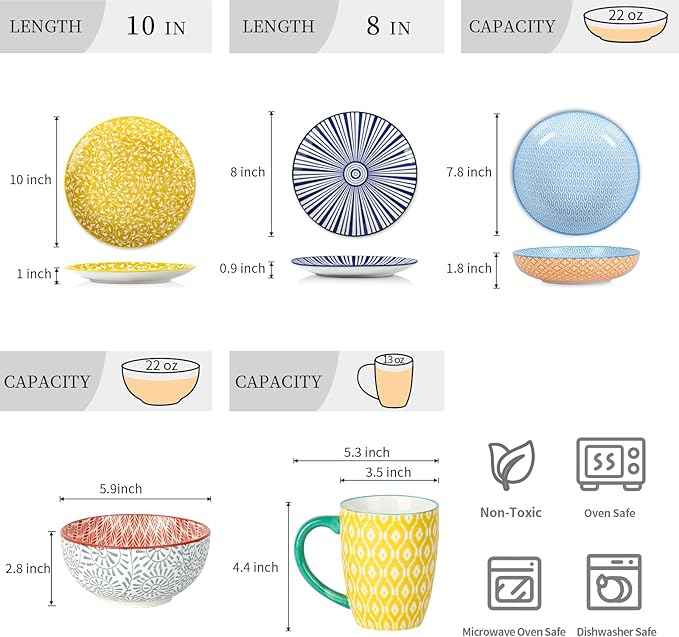 Selamica 30-Pieces Ceramic Dinnerware Sets for 6, Scratch Resistant Plates and Bowls Sets, Microwave and Dishwasher Safe, Assorted Colors A