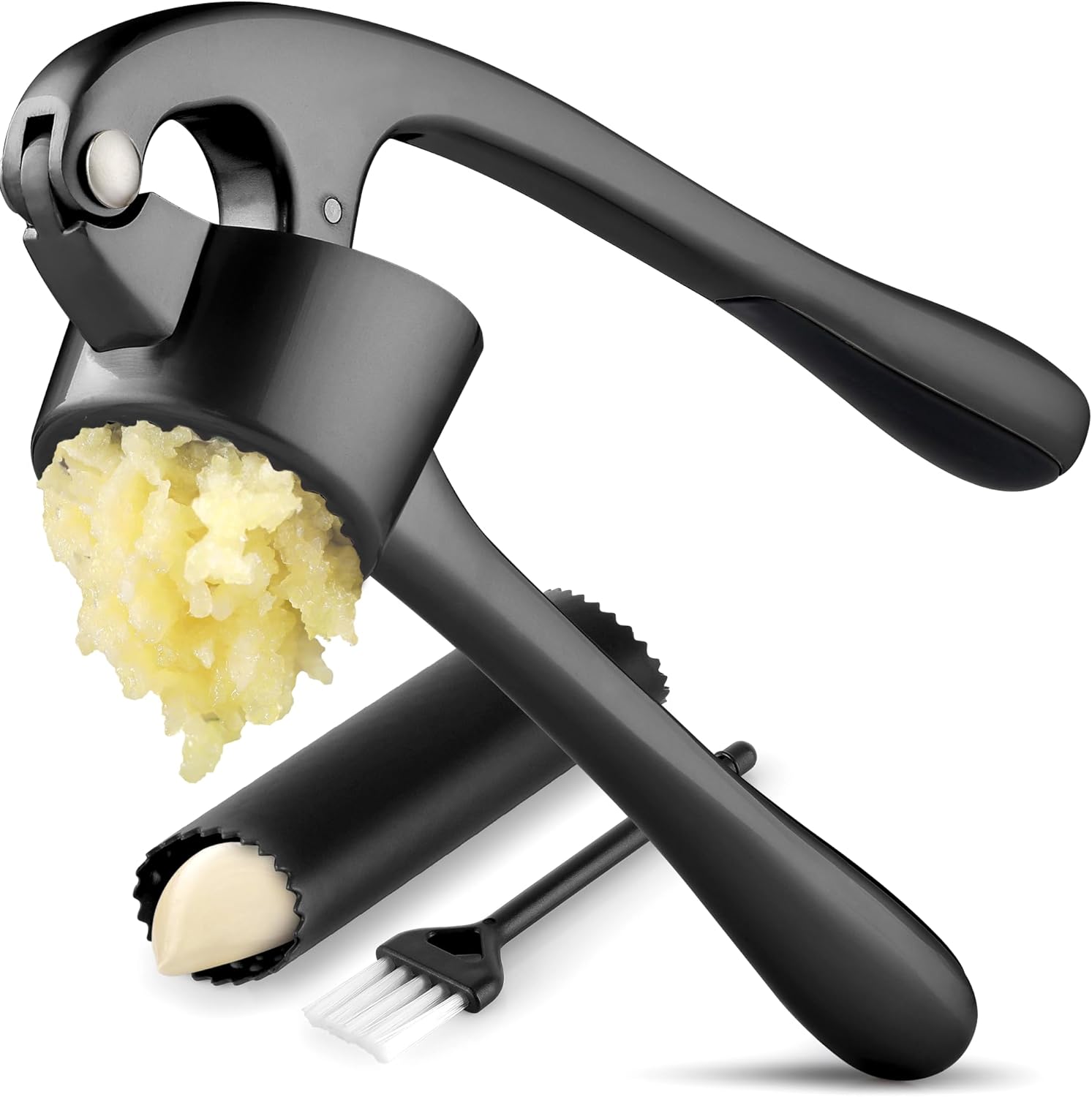 Zulay Kitchen Large Premium Garlic Press Set - Bigger Bowl for Bigger Garlic - Rust Proof & Dishwasher Safe Garlic Mincer Tool - Easy-Squeeze, Easy-Clean Silicone Garlic Peeler & Brush (Dark Gray) - Culinary Roots