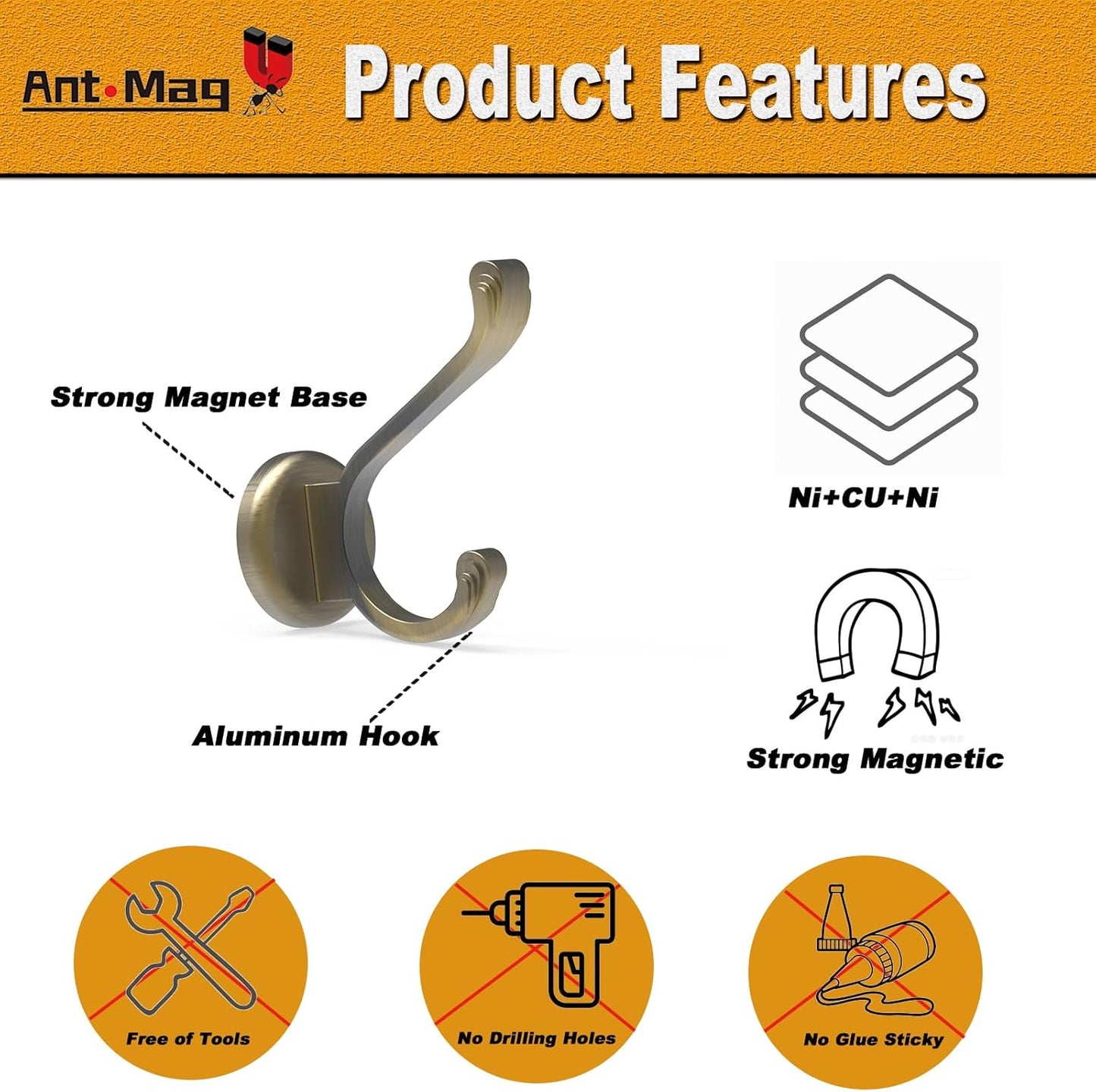 Ant Mag Magnet Hooks Heavy Duty 140lbs Neodymium Magnet Metal Wall Hooks for Hanging Coats Robes Backpacks Bags Hats Keys Mugs Cups Towels Bronze