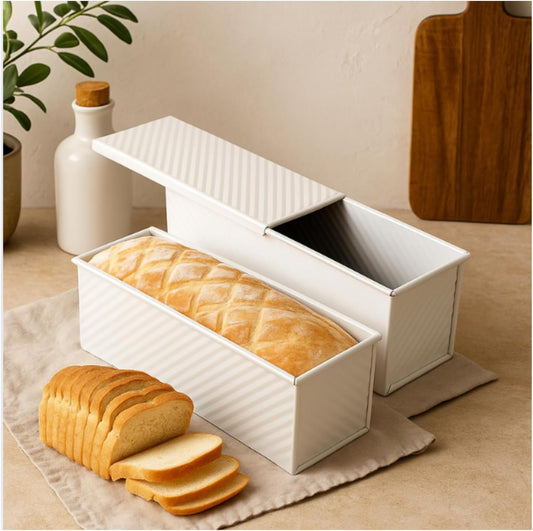 2-Pack Beige Pullman Loaf Pan with Lid, Long Nonstick Bread Pan for Toast & Sandwich Bread, Cream White Nonstick Loaf Pan, 3 Vented Holes & Ridged Design, Great for Baking Lovers and Home Use - Culinary Roots
