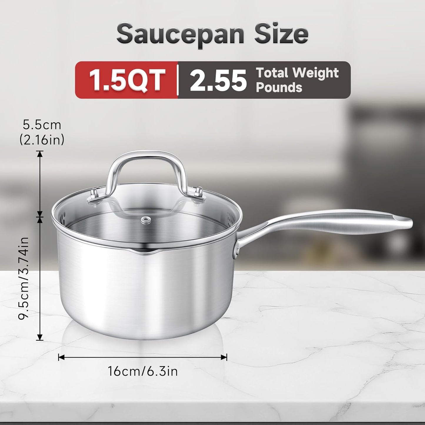 1.5 Quart Stainless Steel Saucepan with Glass Strainer Lid, Thicken Tri-ply Full Body, Multipurpose Sauce Pot with Two-Size Drainage Holes Lid, Perfect For Boiling Gravies, Pasta, Noodles - Culinary Roots