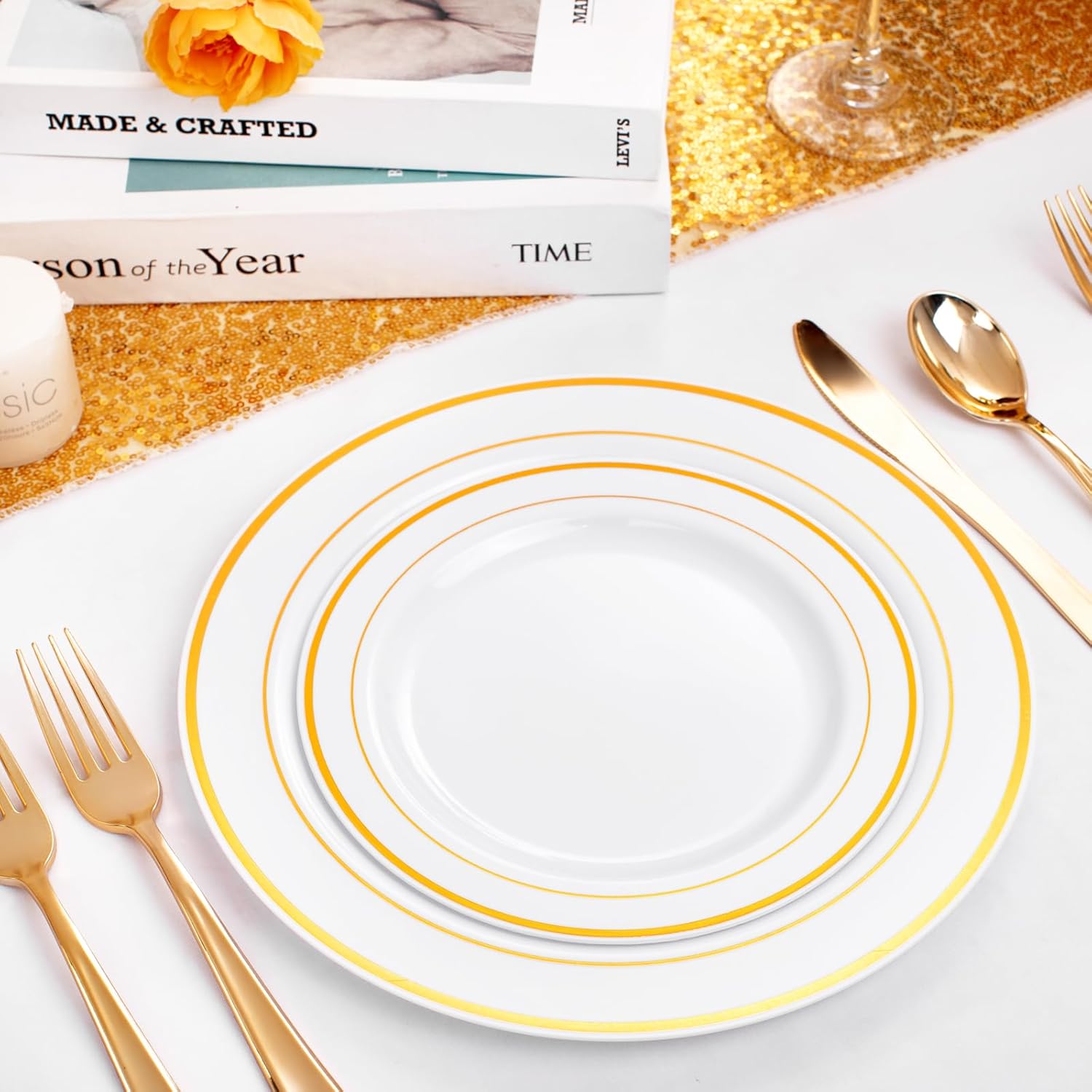 FLOWERCAT 60PCS Gold Plastic Plates - Heavy Duty White and Gold Plastic Plates Disposable for New Year/Thanksgiving Party/Wedding - Include 30PCS 10.25" Dinner Plates and 30PCS 7.5" Dessert Plates - Culinary Roots