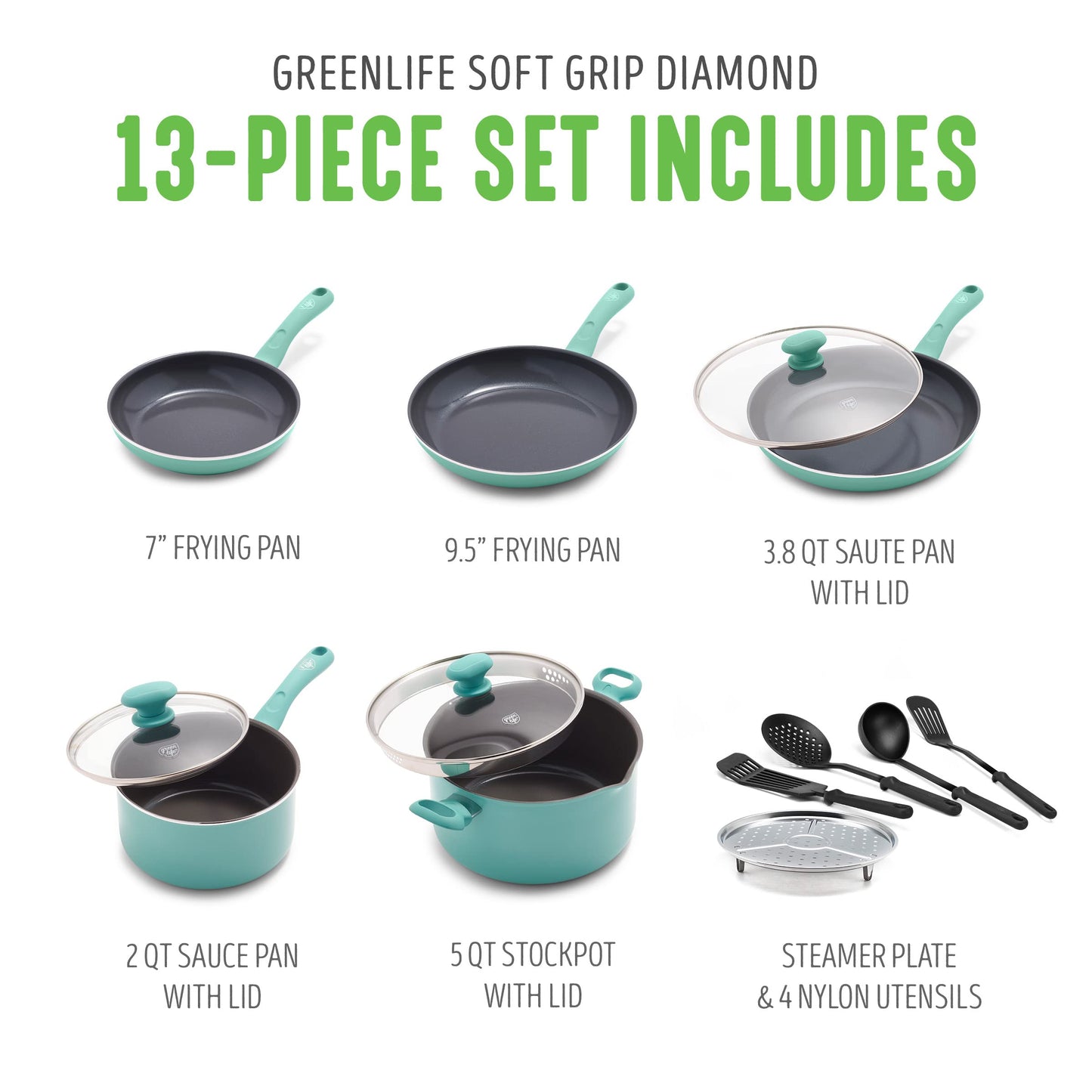 Soft Grip Diamond Healthy Ceramic Nonstick 13 Piece Cookware Pots and Pans Set