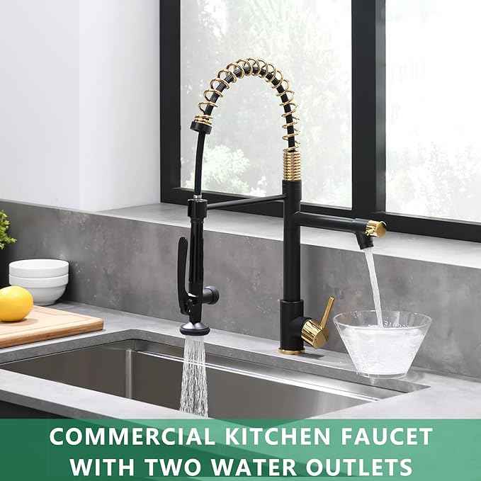 Fapully Black&Gold Kitchen Faucet with Sprayer,Commercial Pull Down Kitchen Faucet for Kitchen Sink
