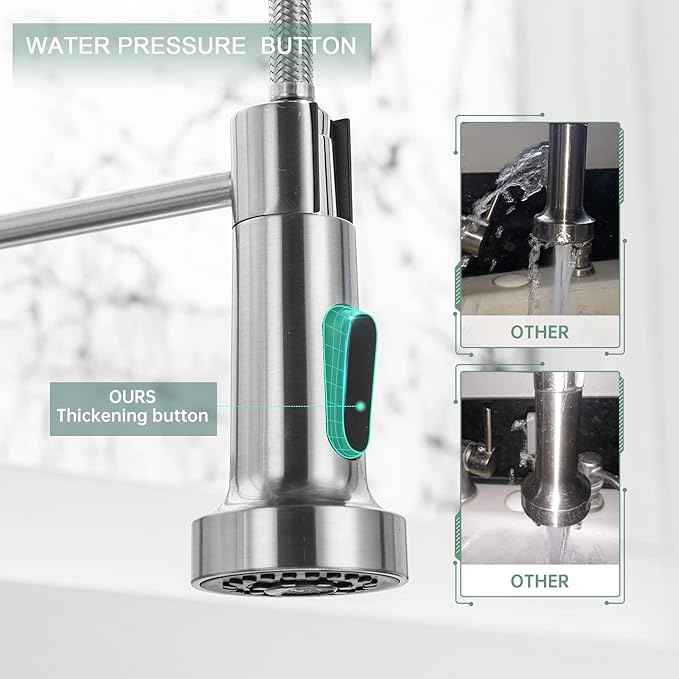 WEWE Kitchen Faucets, Brushed Nickel Kitchen Faucet with Pull Down Sprayer, Industrial Spring Single Handle Stainless Steel Kitchen Sink Faucet with Deck Plate, 1 Hole or 3 Hole for Laundry Rv
