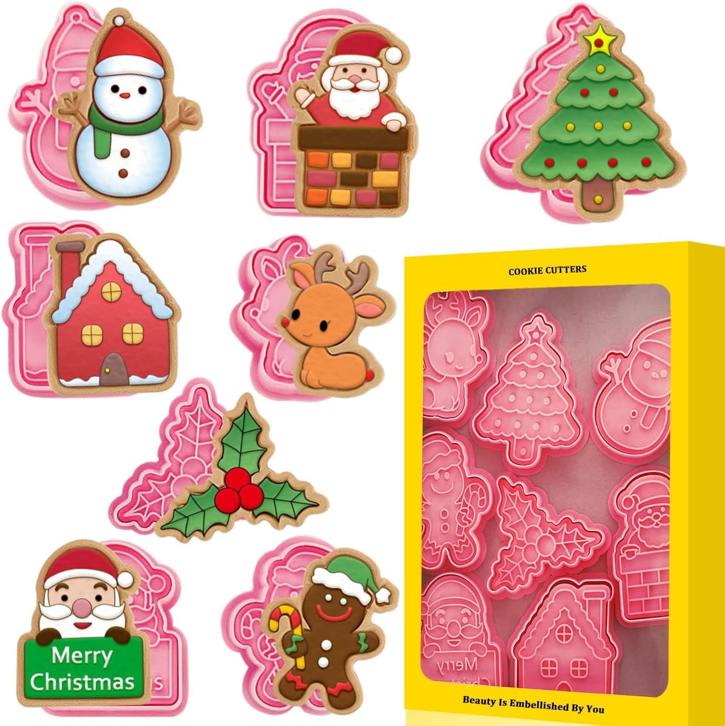 Leesgel Christmas Cookie Cutters, 3D Christmas Holiday Cookie Cutters Shapes with Santa/Xmas Tree/House/Deer, Christmas Party Decorations Ornaments