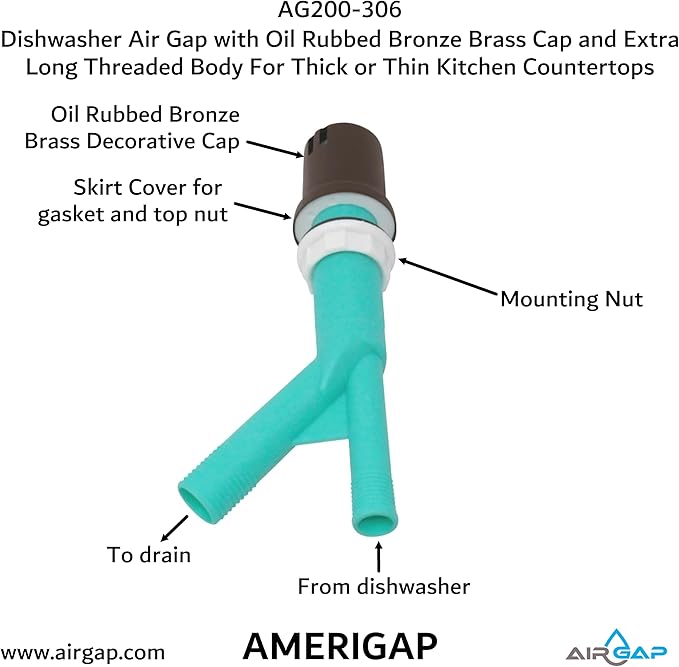 Dishwasher Air Gap with Skirted Oil Rubbed Bronze Brass Cap and Extra Long Threaded Body for Thick or Thin Kitchen Countertops (AG200-306, AG200-X06, AMERIGAP)