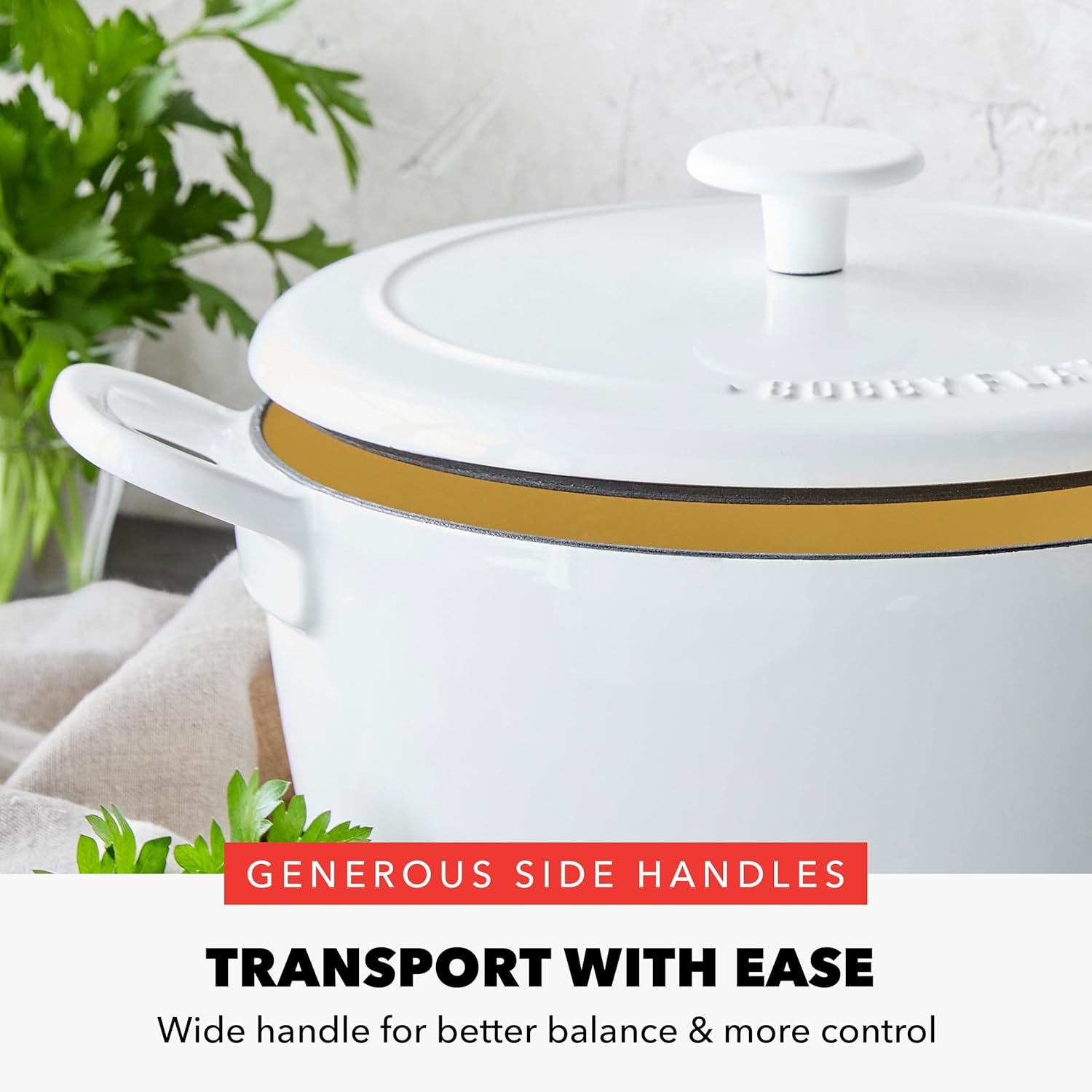 GreenPan x Bobby Flay 5.5QT Enameled Cast Iron Round Dutch Oven with Lid, Dual Handles, Oven Safe to 500F & Induction Suitable, Self Basting Lid, Ultra-Durable, Sear, Braising, Bread, Stews, Ivory - Culinary Roots