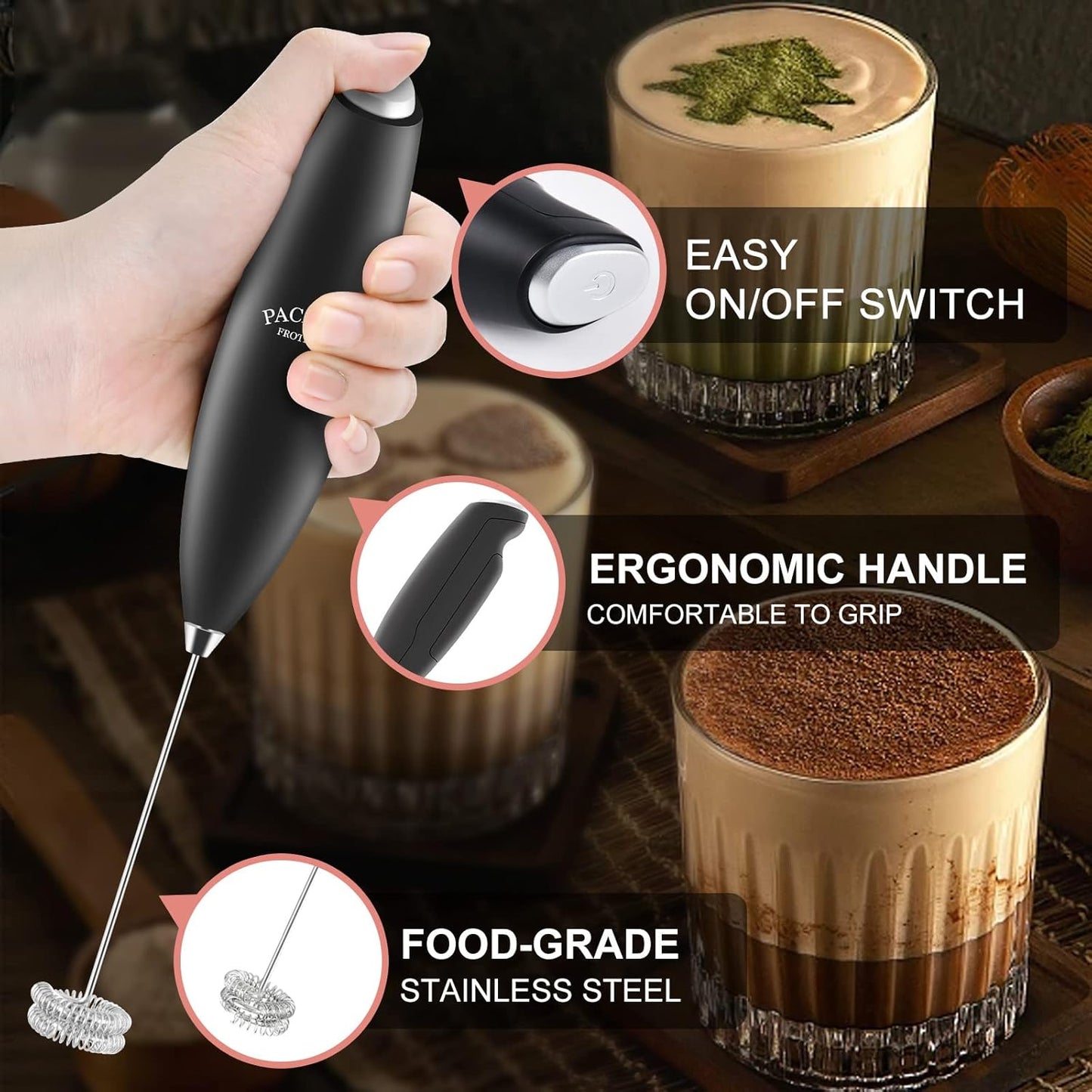 Powerful Milk Frother with Double Whisk, Handheld Electric Foam Maker, Hand Mixer Wand, Portable Mini Blender Foamer Stirrer for Coffee, Latte, Matcha,Hot Chocolate - Culinary Roots