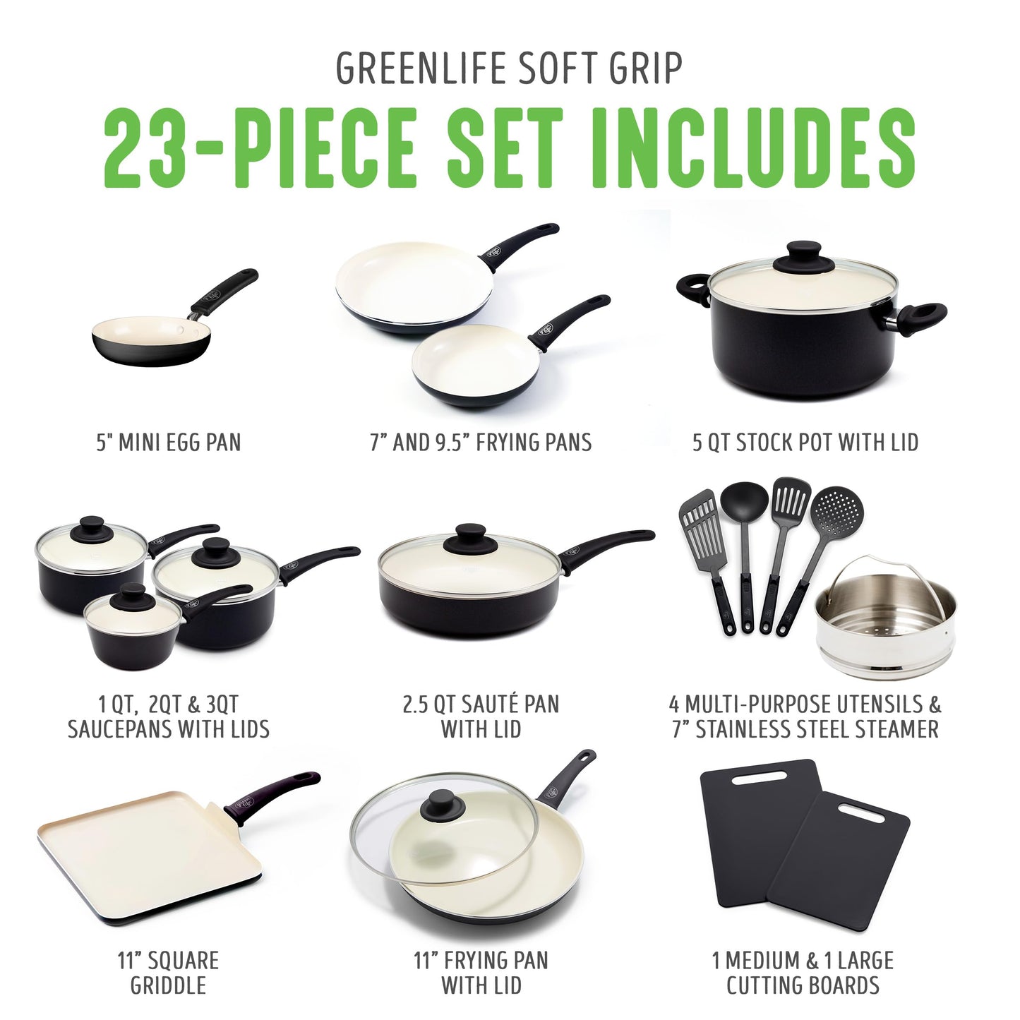 Soft Grip Healthy Ceramic Nonstick 23 Piece Kitchen Cookware Pots and Frying Sauce Saute Pans Set with Kitchen Utensils