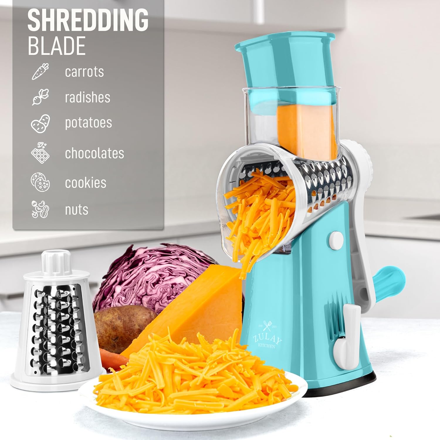 Zulay Kitchen Rotary Cheese Grater 5 Blade Cheese Shredder - Manual Hand Crank Cheese Grater With Reinforced Suction & 5 Interchangeable Drums - Easy to Use, Vegetable Chopper Round Mandoline Slicer - Culinary Roots