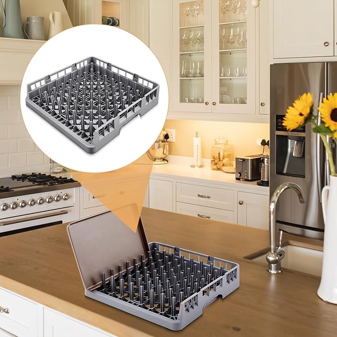 1 Pack Commercial Dishwasher Tray Rack Polypropylene Full Size Flatware Rack for Bowls Plates Knives Forks Cups (Peg Dish Opening,Gray)
