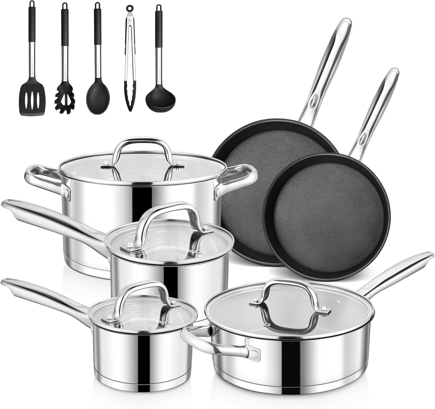E-far 15-Piece Stainless Steel Cookware Set, 3-Ply Base Kitchen Pots and Pans Set, Non-toxic Induction Cooking Set Including Nonstick Frying Pan Saucepan, Oven & Dishwasher Safe, All Stoves Compatible - Culinary Roots