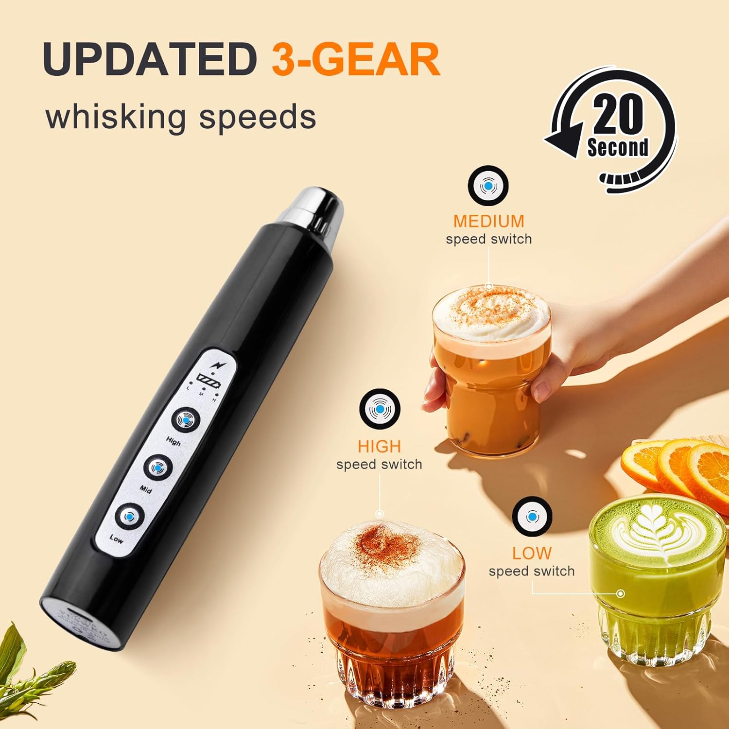 YUSWKO Handheld Milk Frother Wand for Coffee, Rechargeable Electric Whisk with 3 Heads 3 Speeds Drink Mixer Coffee Frother For Latte, Cappuccino, Hot Chocolate, Egg (Without Stand, Light Black) - Culinary Roots