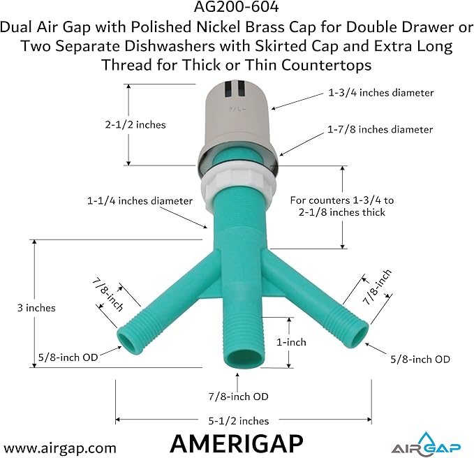 Dual Air Gap with Polished Nickel Brass Cap for Double Drawer or Two Separate Dishwashers with Skirted Cap and Extra Long Thread for Thick or Thin Countertops (AG200-604, AG200-X04,AMERIGAP)
