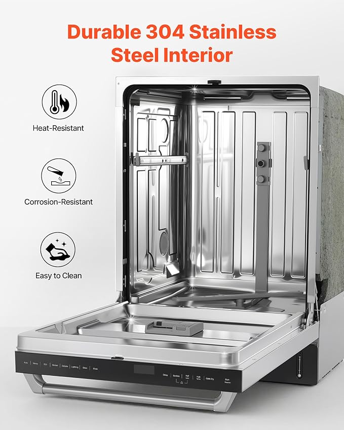 VEVOR 24 Inch Built-In Dishwasher, Stainless Steel Tub, 14 Place Settings and 8 Washing Programs, 23.82 x 25.2 x 33.78 Inch Low-Noise Dishwashing Machine with Upper/Lower Racks and Zoned Storage