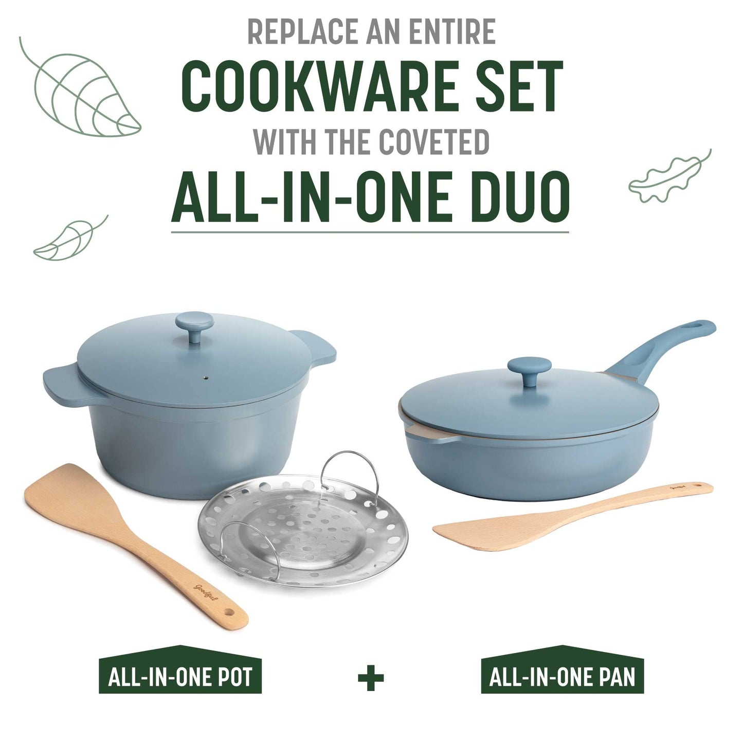 All-in-One Pan, Multilayer Nonstick Cookware Set, High-Performance Construction, Multipurpose Design Replaces Multiple Pots and Pans, Dishwasher Safe, 11-Inch, 4.4-Quart Capacity, Blue Mist