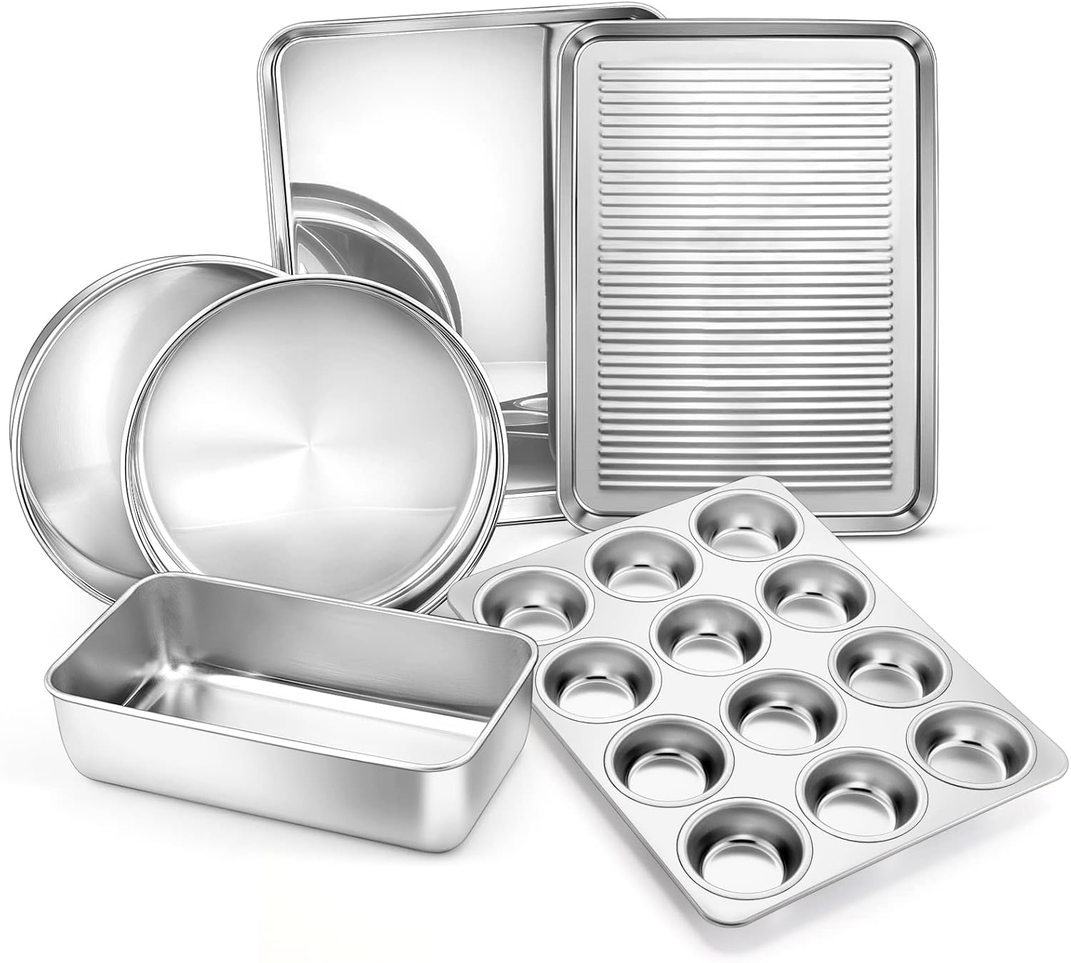E-far 6-Piece Baking Pans set, Stainless Steel Bakeware Set for Oven, Include 8-Inch Cake Pan/Rectangle Baking Cookie Sheet/Muffin/Loaf Pan, Non-Toxic & Heavy Duty, Dishwasher Safe - Culinary Roots