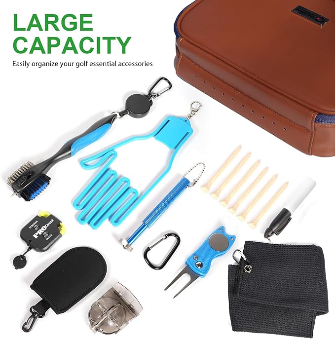 GAIARENA Golf Essential Accessories Kit with Luxury Carrying Case Bag, Golf Gift for Golfers, Golf Ball Liner Towel Cleaning Brush Divot Repair Tool Club Groove Sharpener