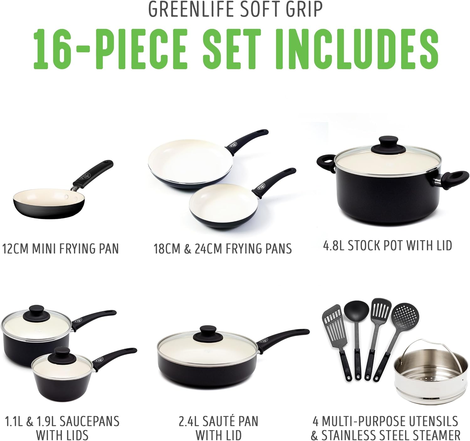 GreenLife 16 Piece Nonstick Cookware Set, Soft Grip Non-Toxic PFAS-Free Ceramic Pots & Pans, Dishwasher & Oven Safe, Frying, Sauce, Utensils, Glass Lids, Stay-Cool Handles, Wobble Free, Black & Cream - Culinary Roots