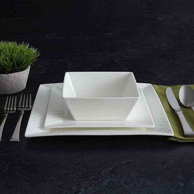 Trellis White Square 16 Piece Dinnerware Set, Service For 4