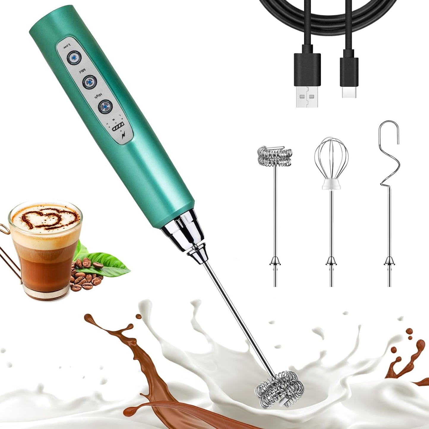 Nahida Green Milk Frother Wand for Coffee, Frother Handheld Rechargeable Electric Whisk with 3 Heads 3 Speeds Drink Mixer Coffee Frother Foam Maker For Latte, Cappuccino, Hot Chocolate, Egg - Culinary Roots