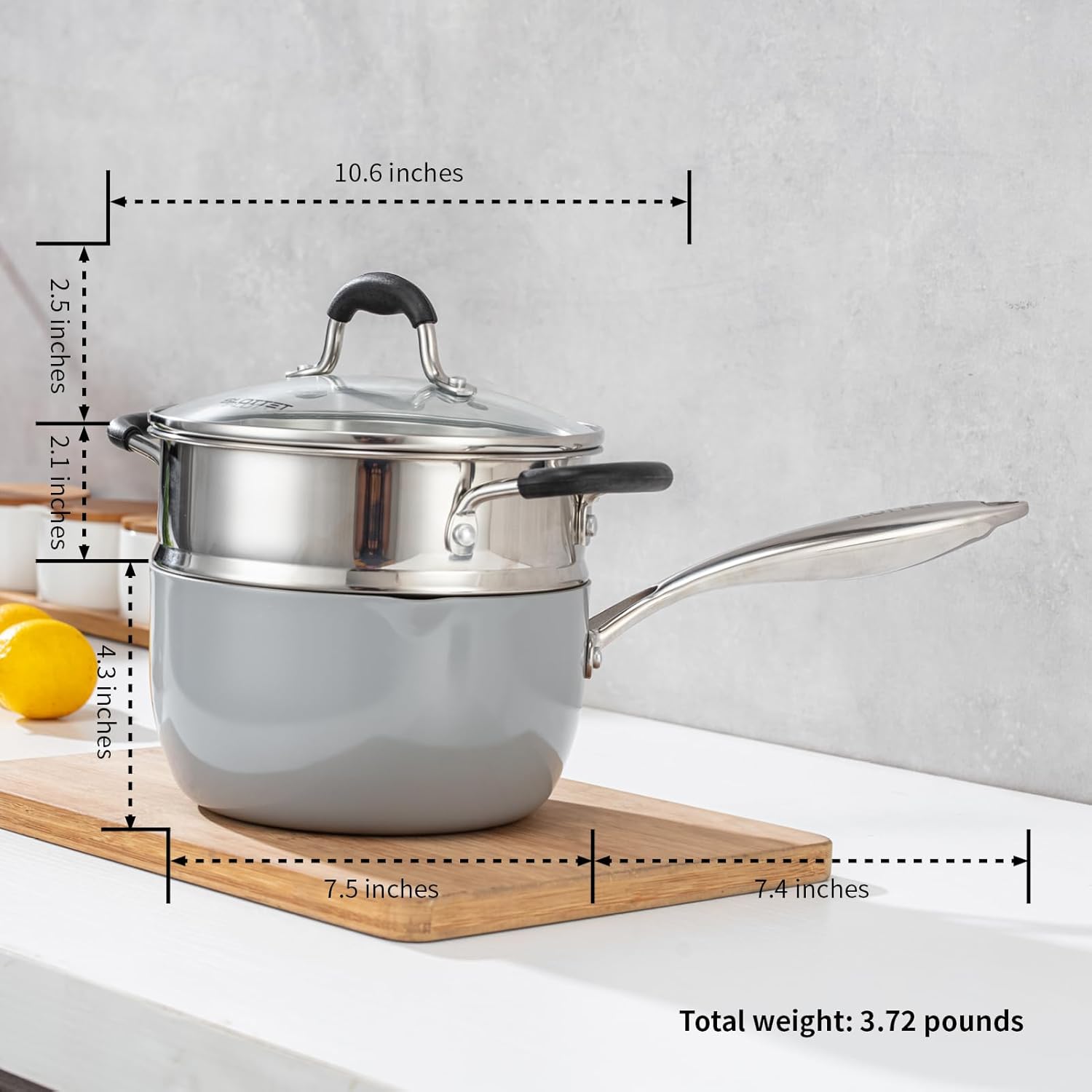 Ceramic Nonstick Tri-Ply Stainless Steel Sauce Pan with Steamer,2.5 Quart Small Multipurpose Pot with Pour Spout,Strainer Glass Lid, 2qt Saucepan for Cooking with Stay-cool Handle,Grey - Culinary Roots