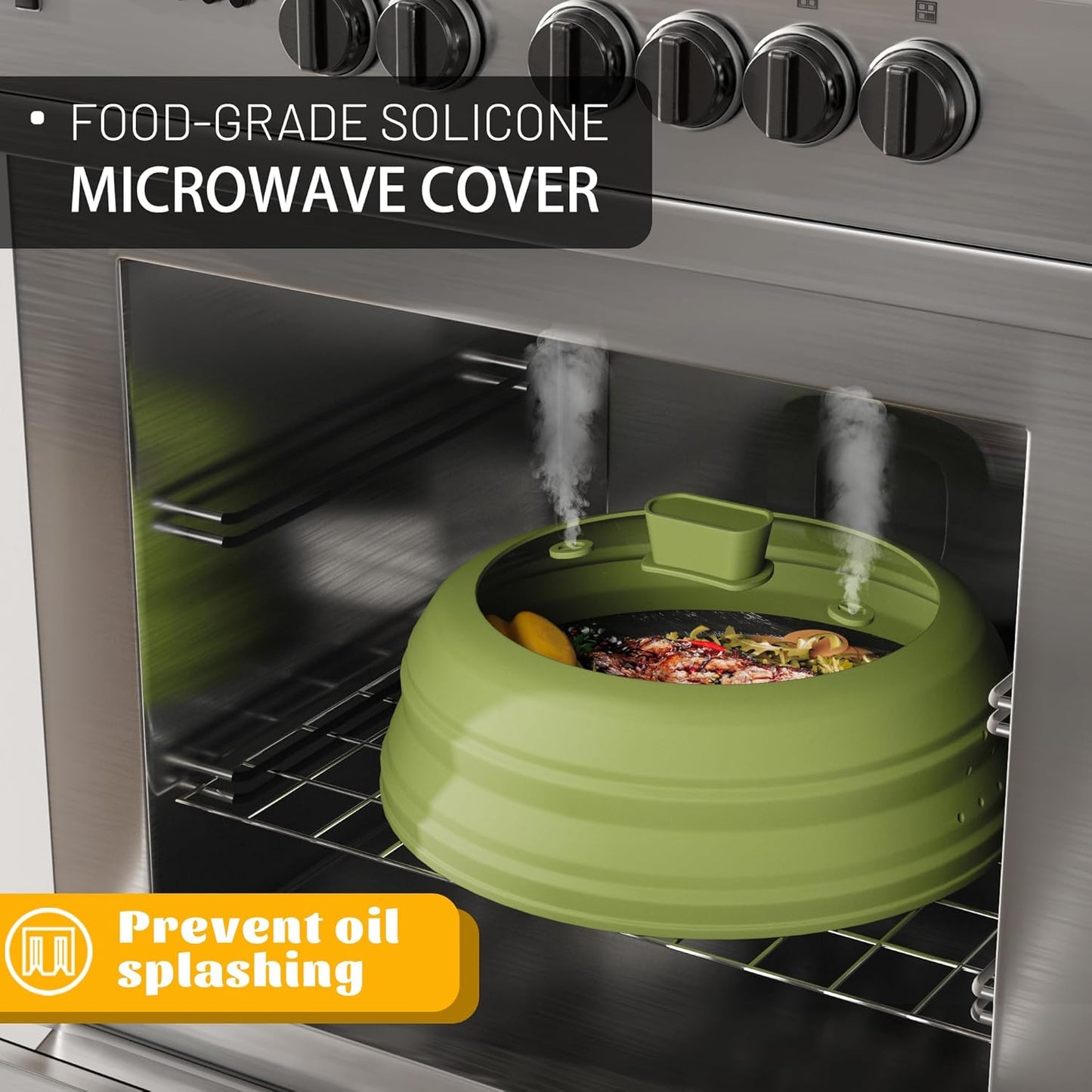 Microwave Splatter Cover, Vented Silicone and Glass Cover Splatter Guard Lid, Food Collapsible Plate Cover Lid with Easy Grip Handle. (Green, 11.8 inch)