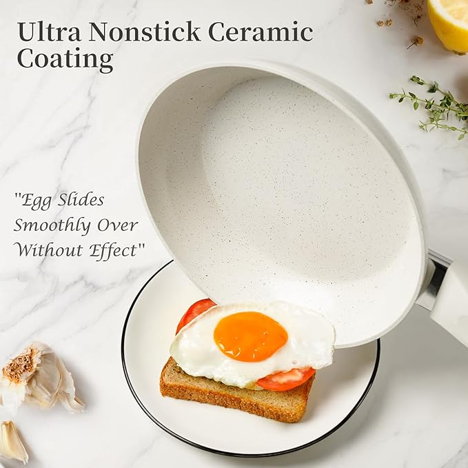 Ceramic Frying Pan Set with Lid - Non Stick Frying Pan with Lids, White Frying Pans Nonstick With Lid, Induction Skillet Set Egg Omelet Skillet Pan W/Lid, Healthy No Toxic Cookware Set, PFOA&PFAS Free