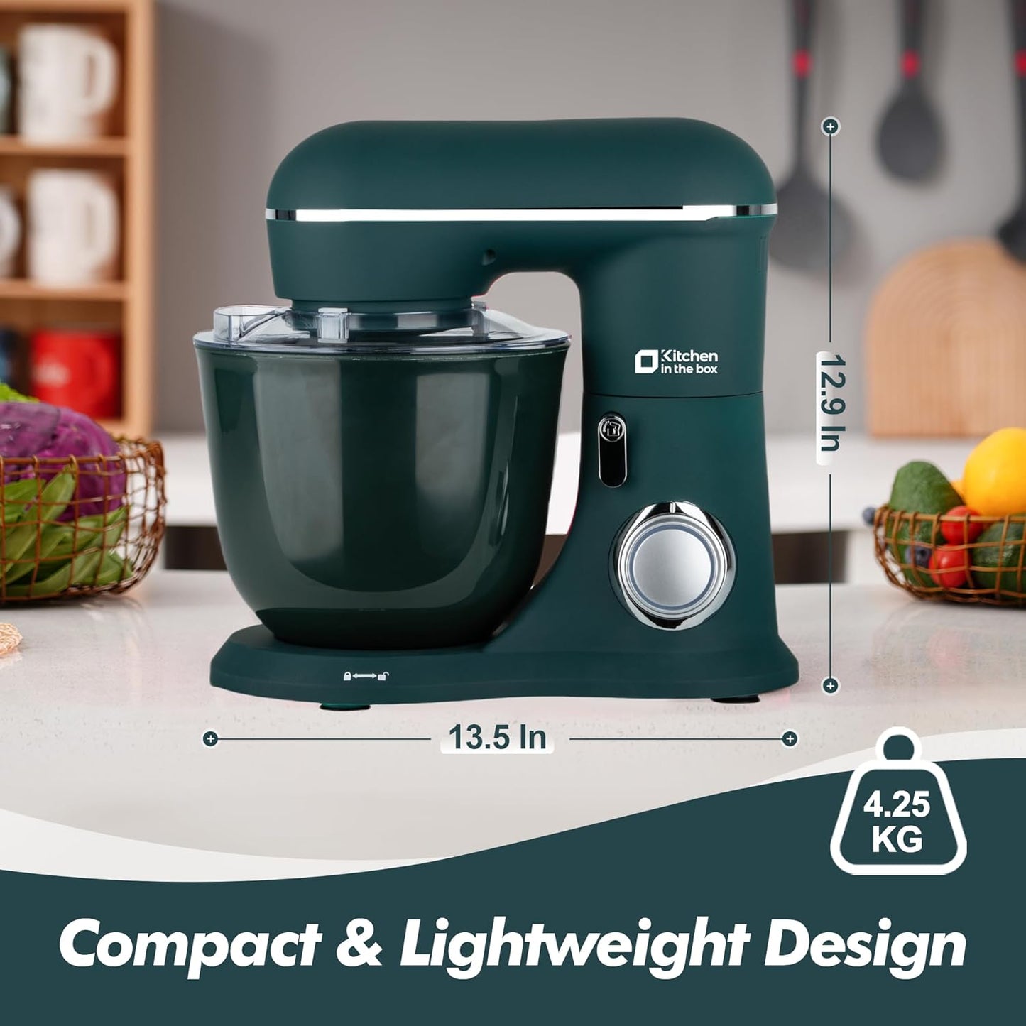 Kitchen in the box Stand Mixer, 4.5QT+5QT Two bowls Electric Food Mixer, 10 Speeds 3-IN-1 Kitchen Mixer for Daily Use with Egg Whisk,Dough Hook,Flat Beater (Turquoise Green, 5QT)