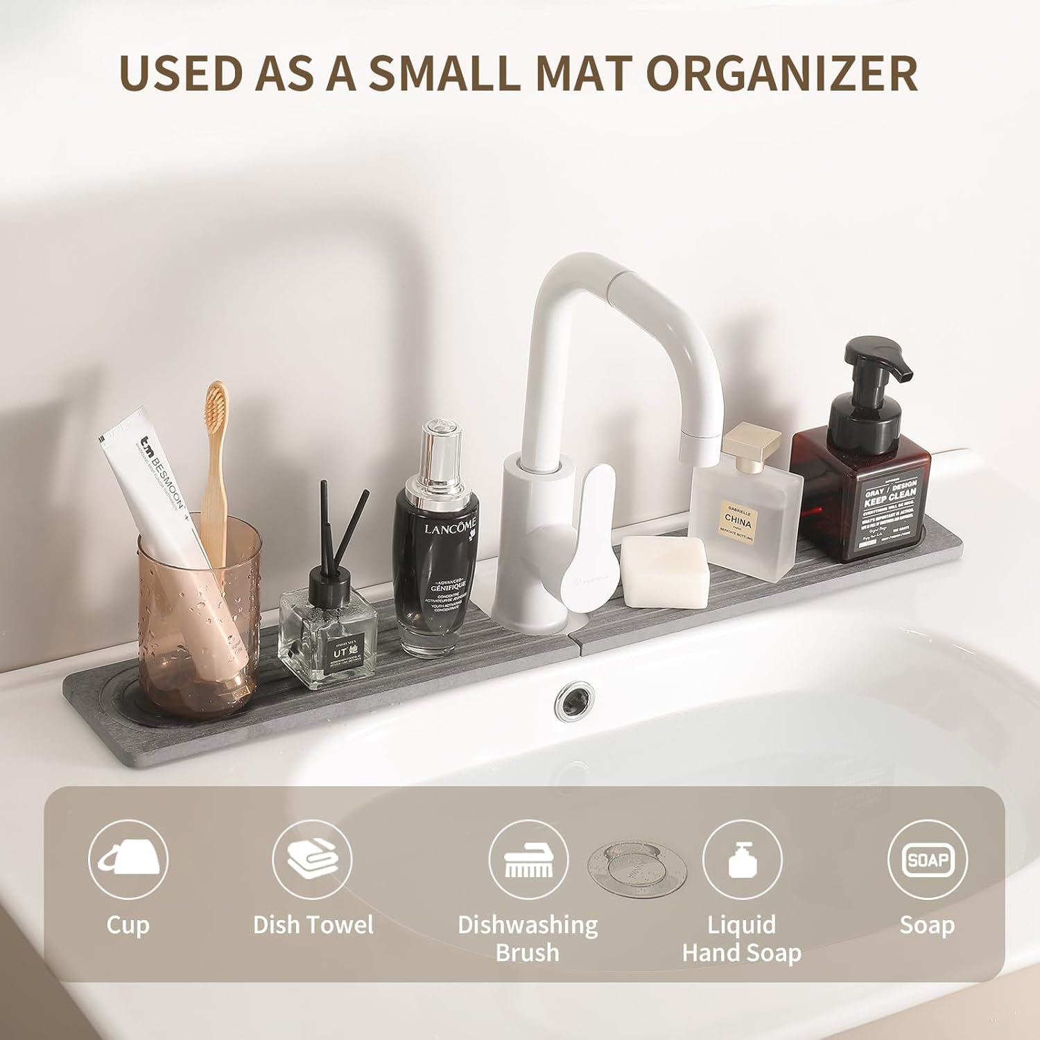 Faucet Mat for Kitchen Sink, Diatomite Stone Drying Sink Protectors, Bathroom Faucet Splash Guard, Quick Dry Water Absorbing, Non-Slip Stone Tray for Kitchen Counter, Grey, 23.6" x 3.9" - Culinary Roots