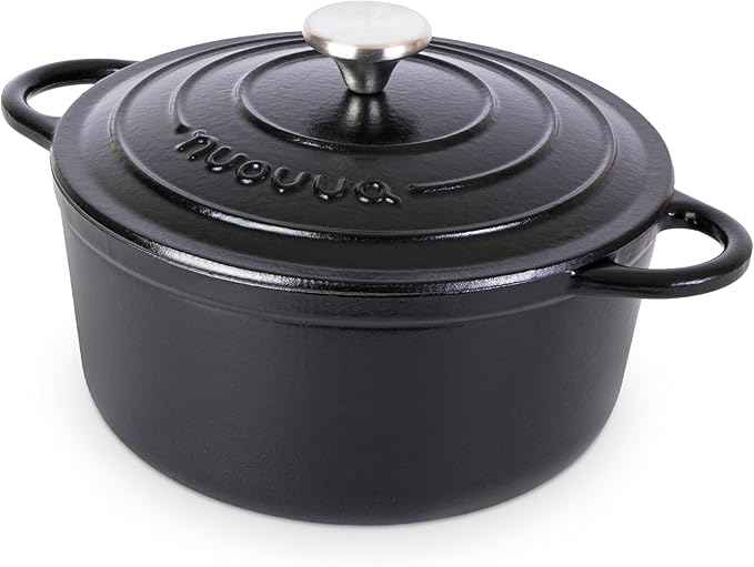 Cast Iron Pot with Lid – Non-Stick Ovenproof Enamelled Casserole Pot, Oven Safe up to 500° F – Sturdy Dutch Oven Cookware – Black, 5-Quart, 24cm – by Nuovva