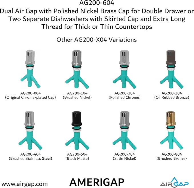 Dual Air Gap with Polished Nickel Brass Cap for Double Drawer or Two Separate Dishwashers with Skirted Cap and Extra Long Thread for Thick or Thin Countertops (AG200-604, AG200-X04,AMERIGAP)