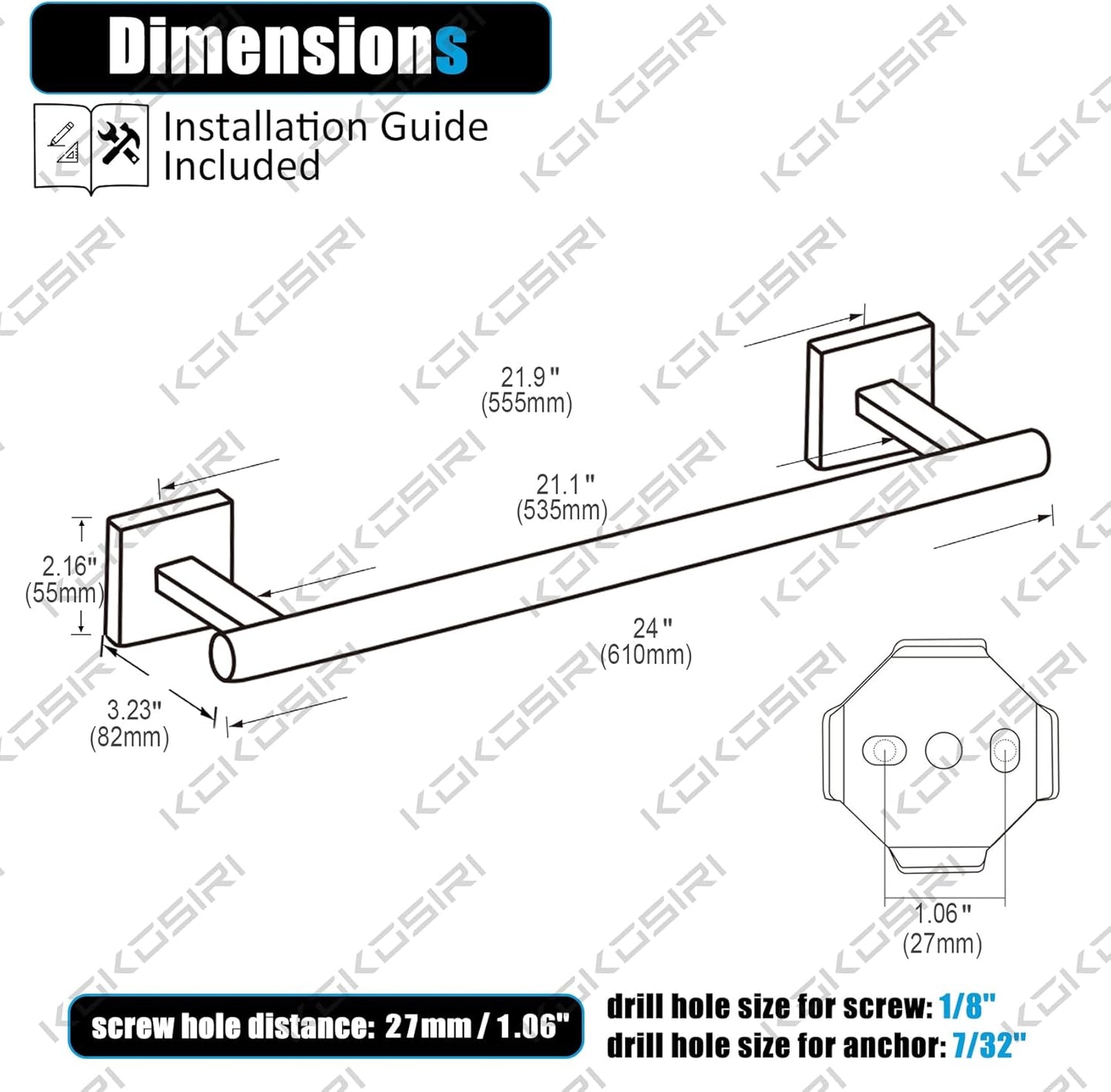 KOKOSIRI Towel Rails Bathroom Towel Bars Matte Black 24 Inch Bath Towel Holder for Cabinet Kitchen Wall Stainless Steel B4005BK-L24