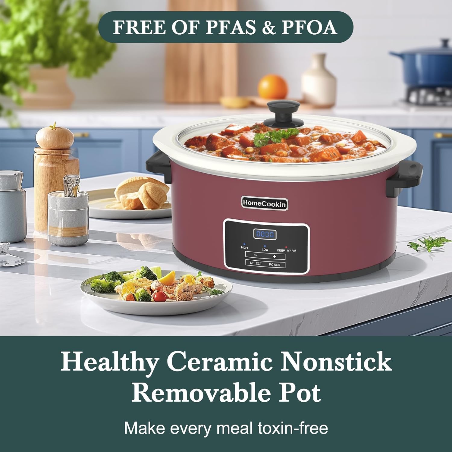 HOMECOOKIN 8-Quart Programmable Slow Cooker with Timer Keep Warm - Small Kitchen Appliance for Family Dinners - Serves 6+ People (Red Shell + White Ceramic Liner) - Culinary Roots