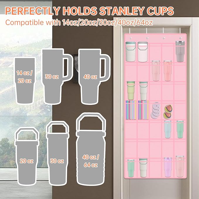 NiHome Multi-Functional 35 Pockets Door Hanging Organizer for Stanley Tumbler in Kitchen, Pantry, Bathroom, Large Capacity Elastic Mesh Secure Storage Water Bottle Cup Holder, Foldable for Home (Pink)