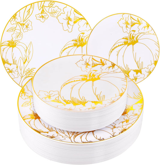 FLOWERCAT 60PCS Thanksgiving Plates & Gold Pumpkin Plates - Including 30PCS 10.25inch Thanksgiving Dinner Plates and 30PCS 7.5inch Thanksgiving Dessert Plates for Giving Thanks Theme Party - Culinary Roots